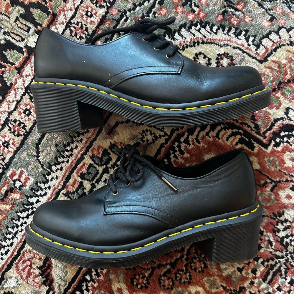 Dr. Martens Black Leather Platform Loafers with Yellow Stitching